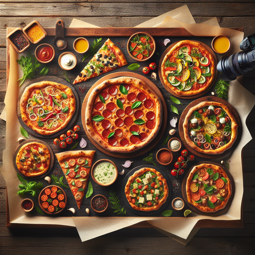 Assorted artisan pizza varieties on wooden board