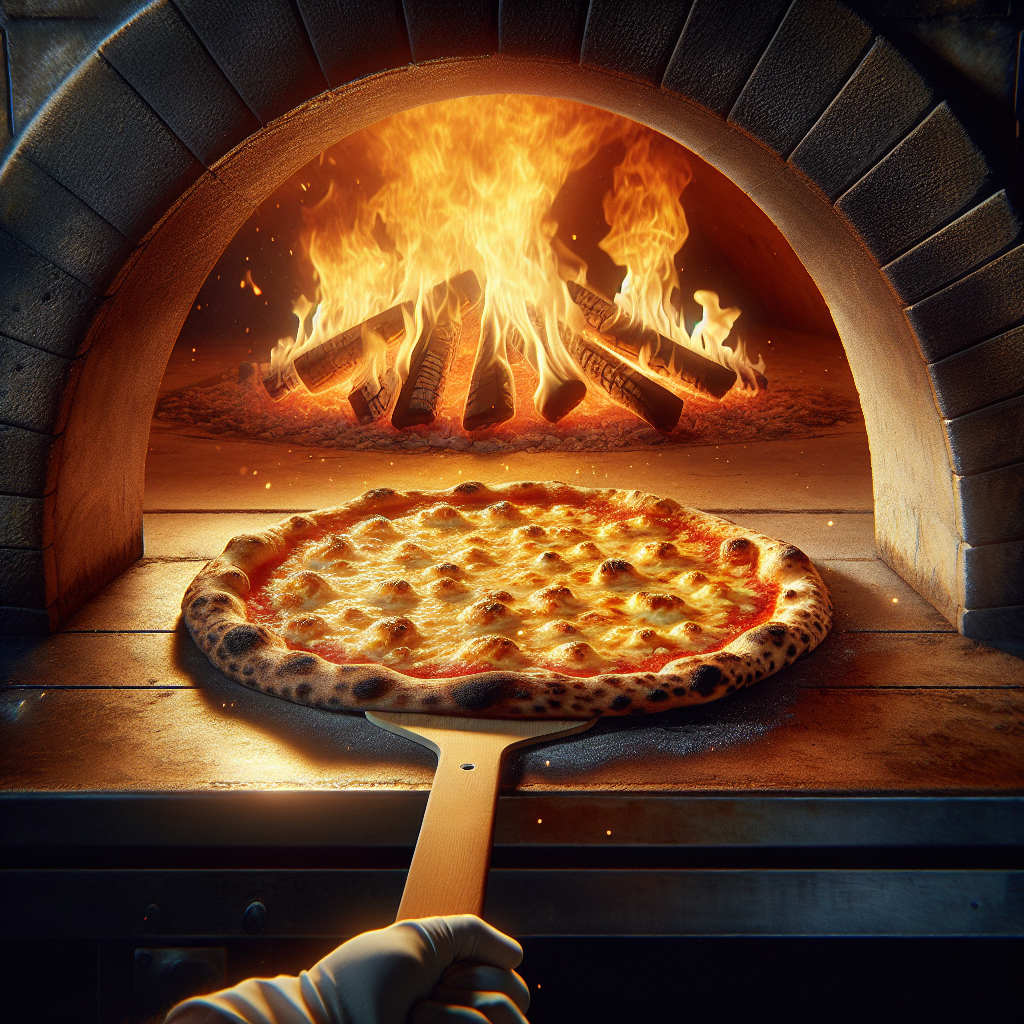 Pizza being pulled from wood-fired brick oven with flames visible