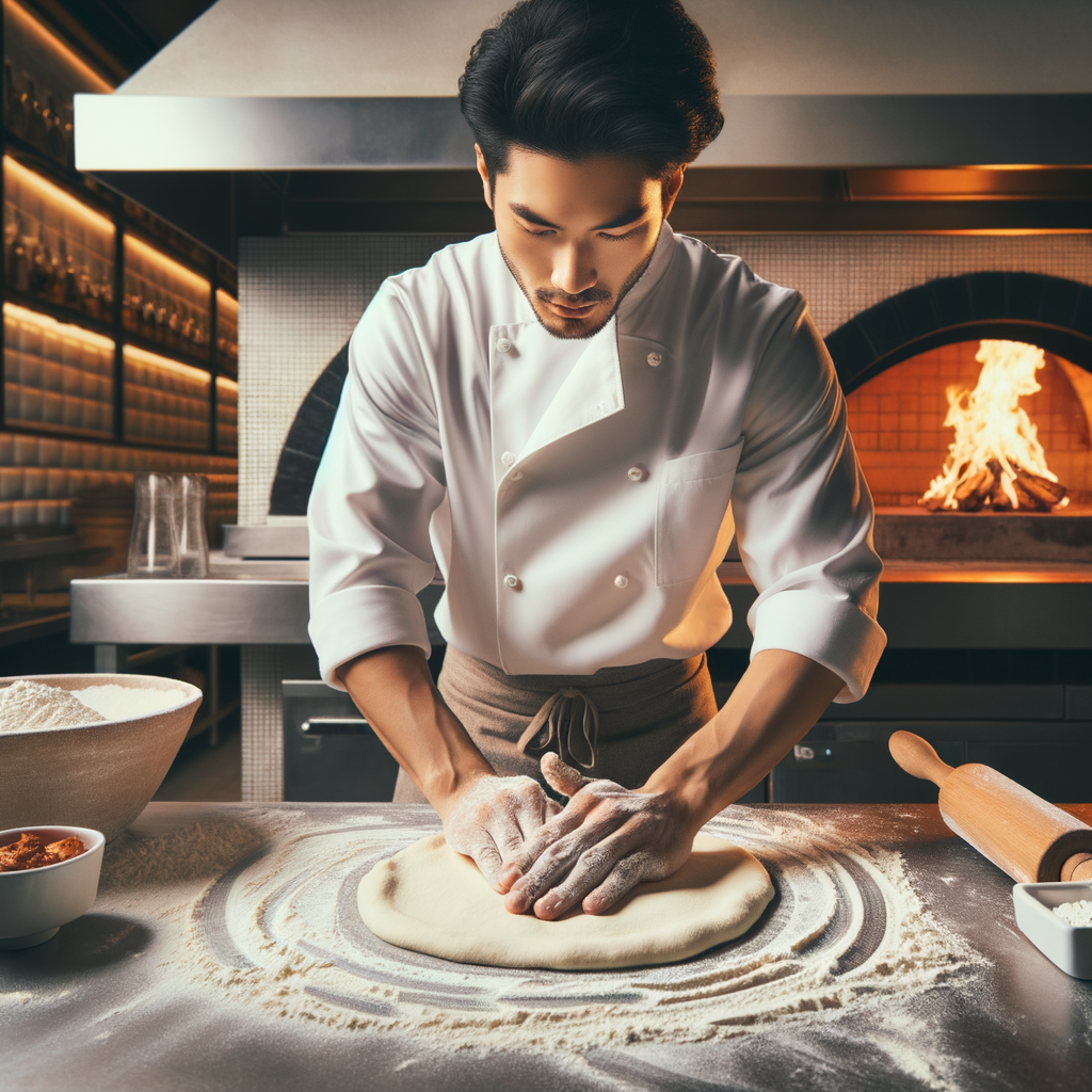 Premium craft pizza chef stretching dough by hand in wood-fired oven