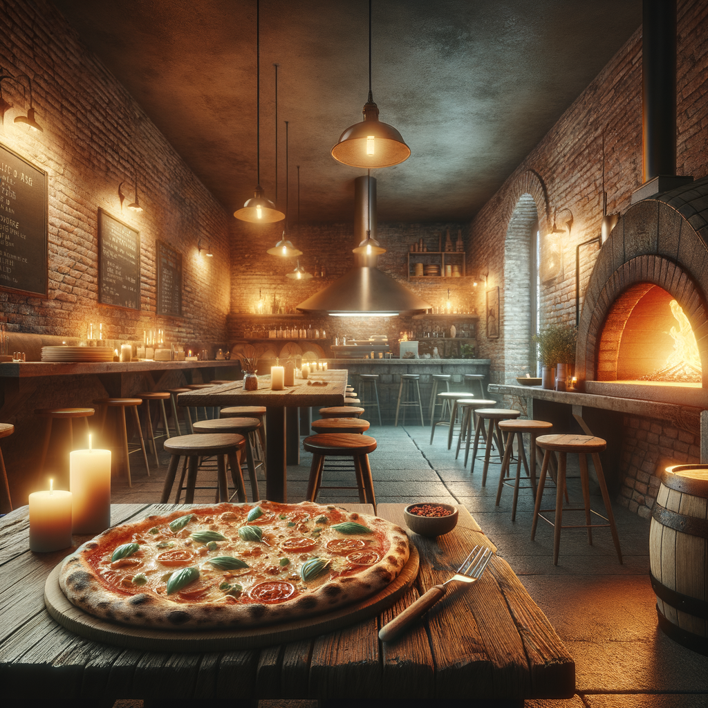 Craft pizza restaurant interior with wood-fired oven