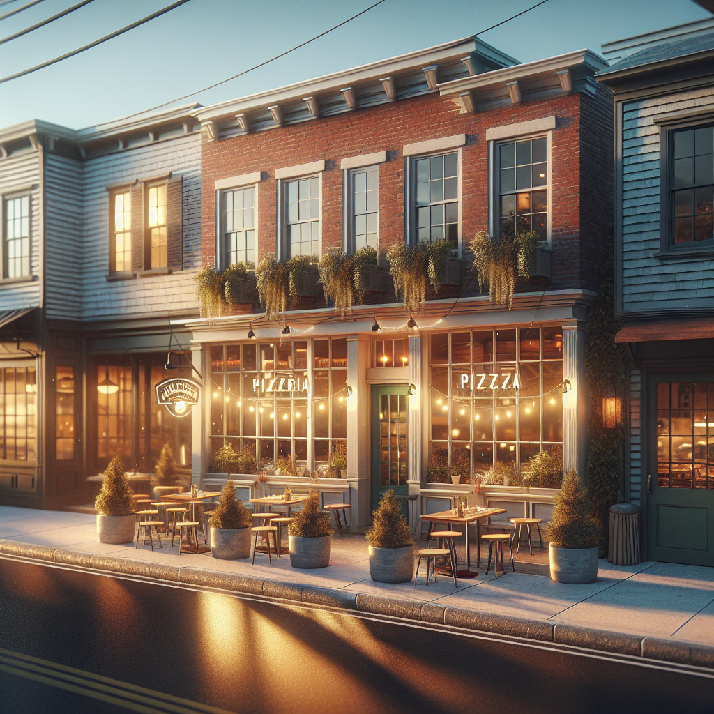 Charming pizzeria storefront exterior with outdoor seating in Nashua