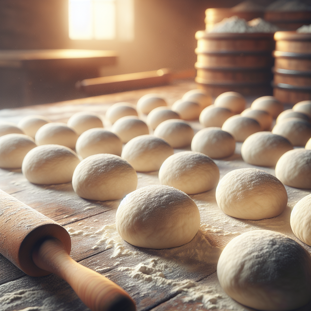 Handcrafted pizza dough balls proofing on floured surface demonstrating artisan technique