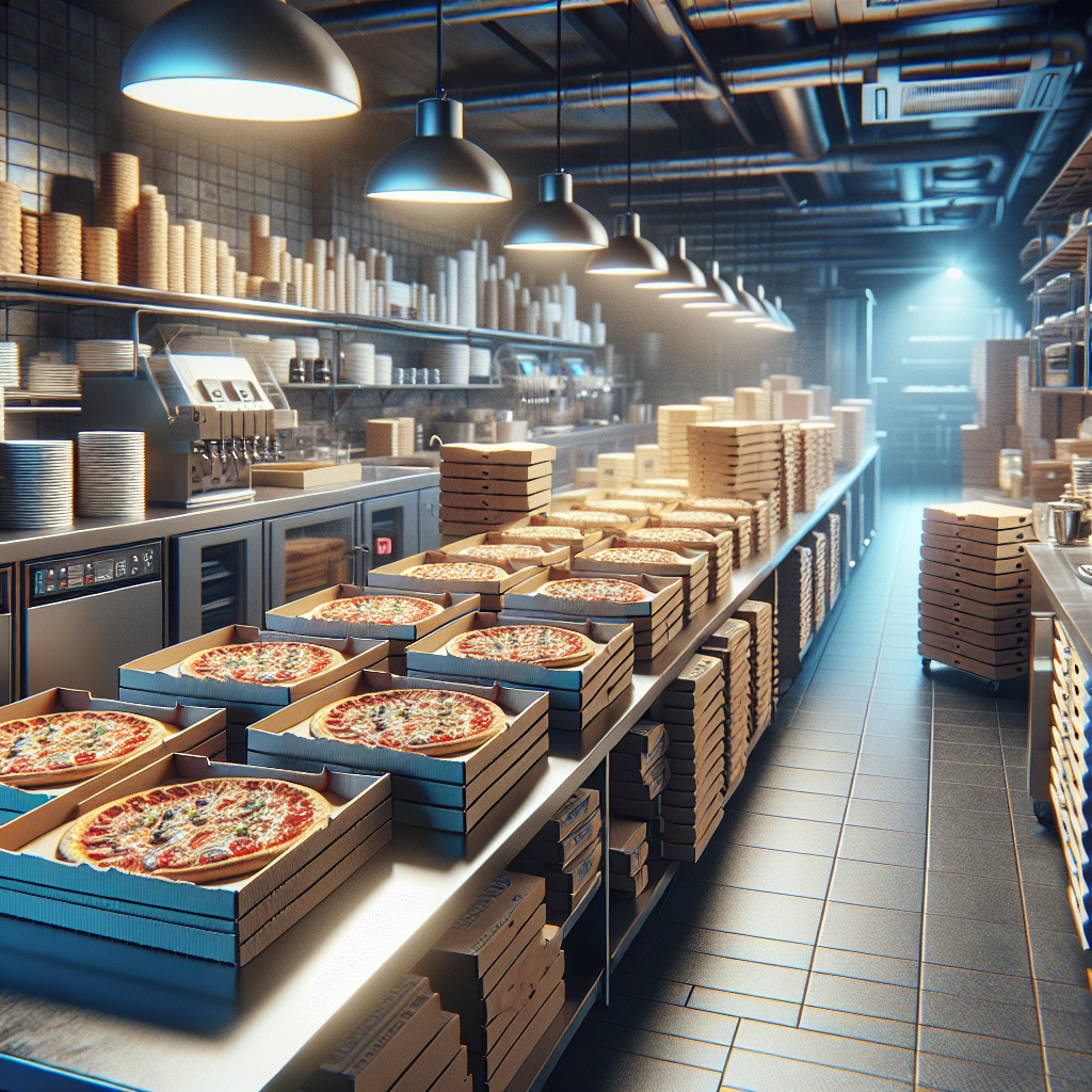 Pizza delivery boxes being prepared professionally